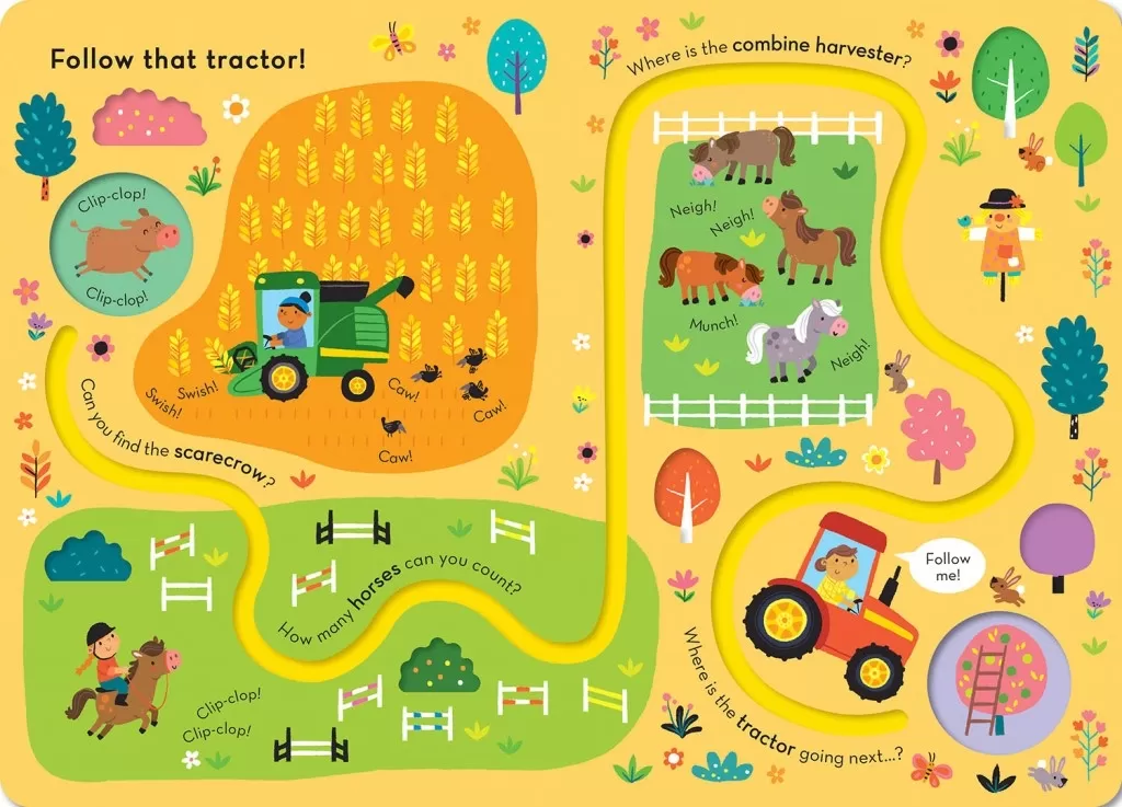 On this page, we follow the tractor across the farm: finding the scarecrows, counting the horses and  harvesting wheat. 